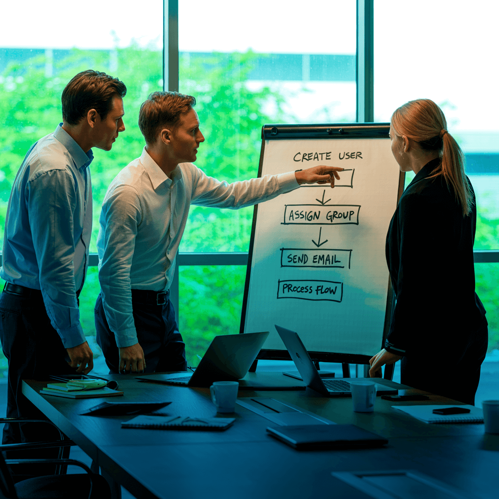 IT-Team bespricht Automatisierung von Prozessen am Whiteboard mit ScriptRunner